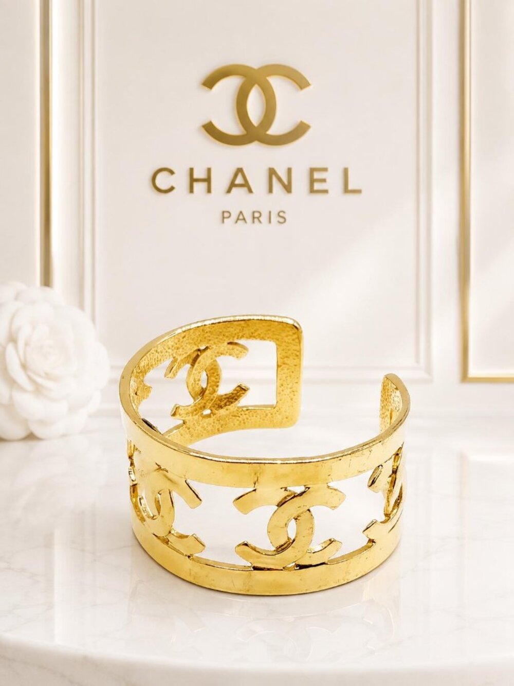 Authentic Vintage Chanel Gold Tone CC Logo Cutout Wide Open Cuff Bracelet
